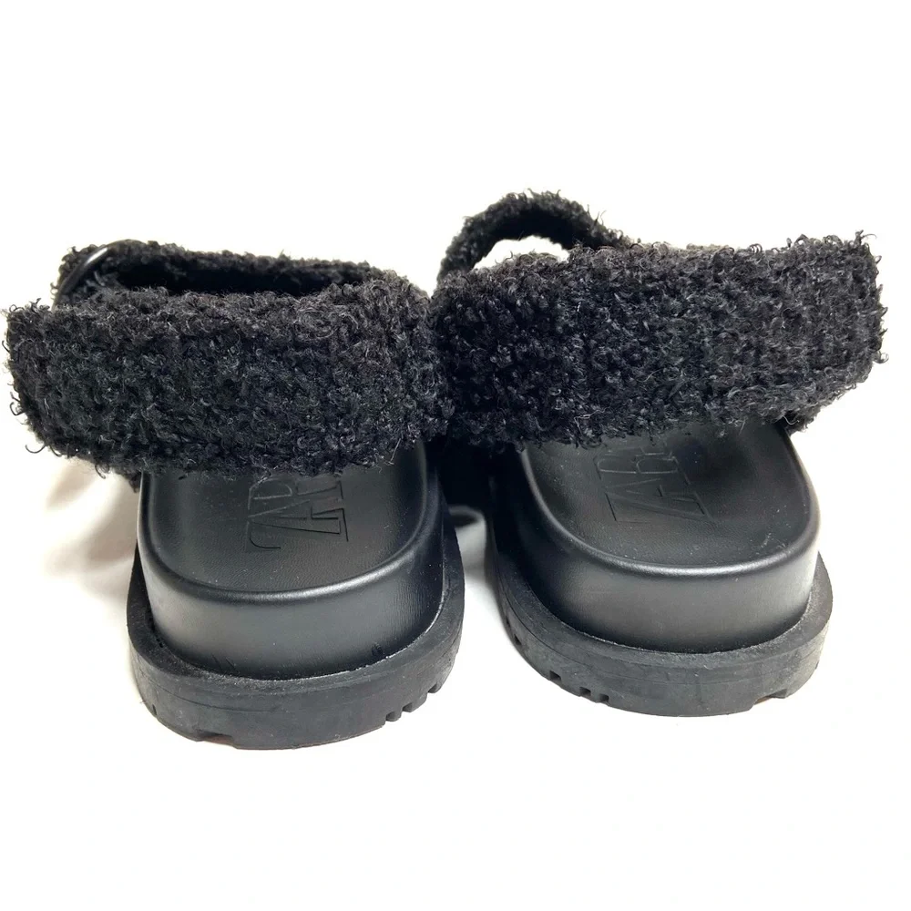 ZARA Black Faux Sherpa Fleece Double Buckle Sandal